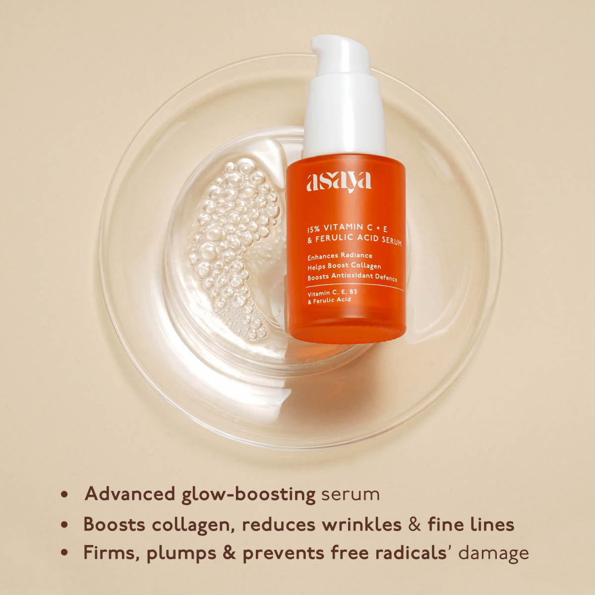 Asaya 15% Vitamin C + E Serum For Face With Ferulic Acid Brightening Serum & Skin Collagen Booster