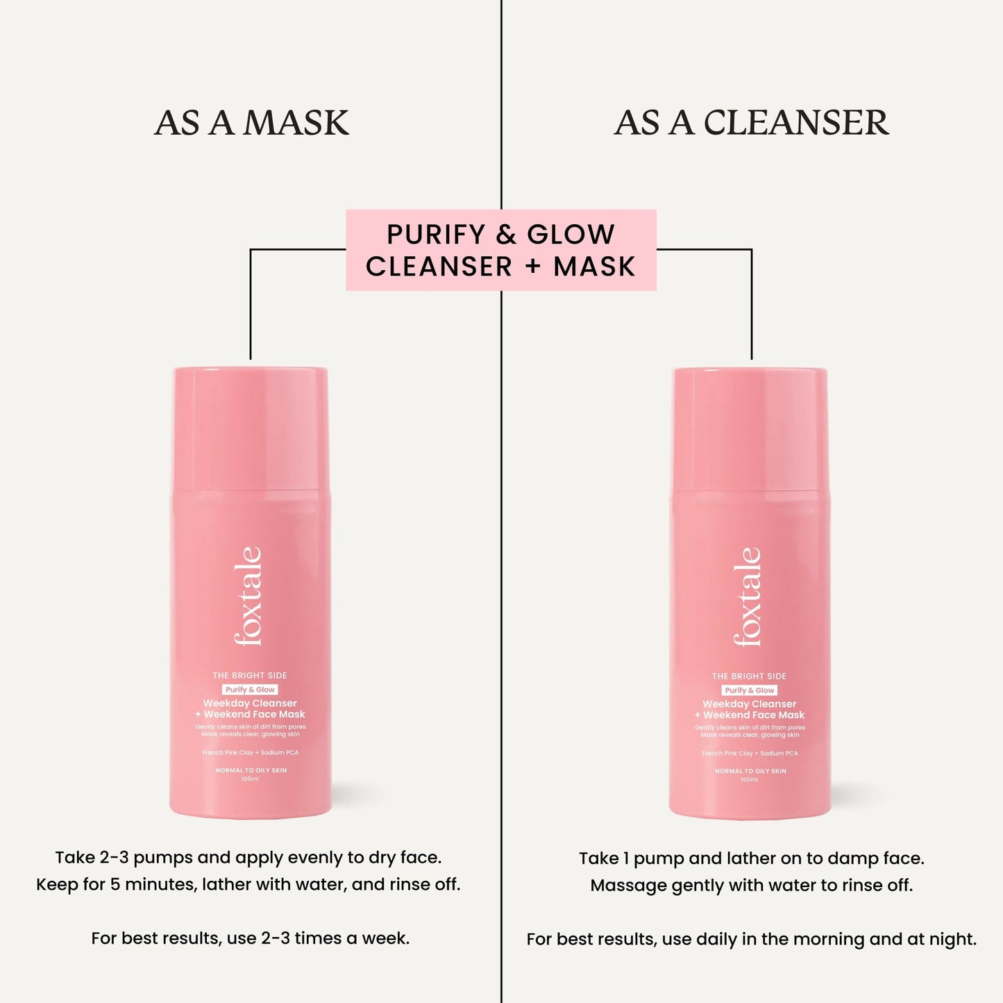 Foxtale Purify & Glow Cleanser + Mask With French Pink Clay & Sodium
