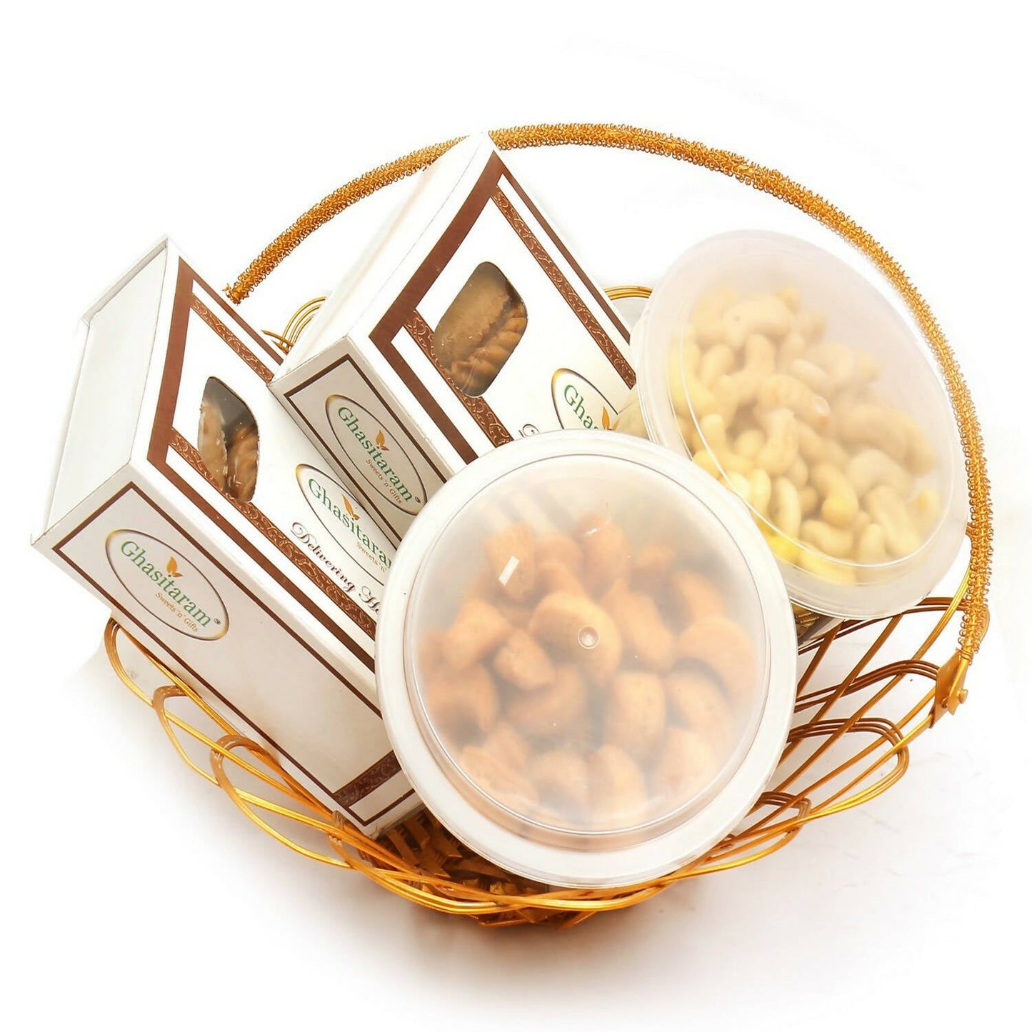 Ghasitaram Holi Hampers: Golden Metal Basket of Gujiya, Chocolate Gujiya, Kaju Biscuits, Mini Namkeen Gujiyas