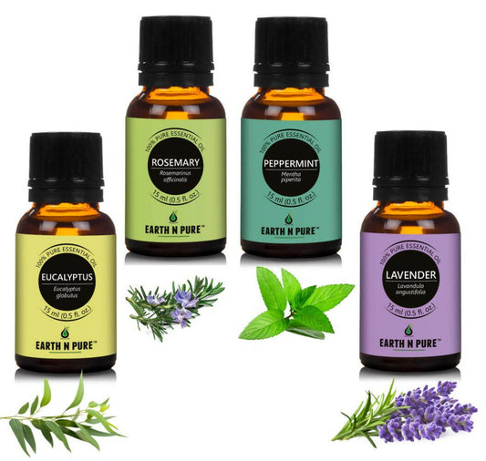 Earth N Pure Essential Oils (Eucalyptus, Rosemary, Lavender & Peppermint) Combo