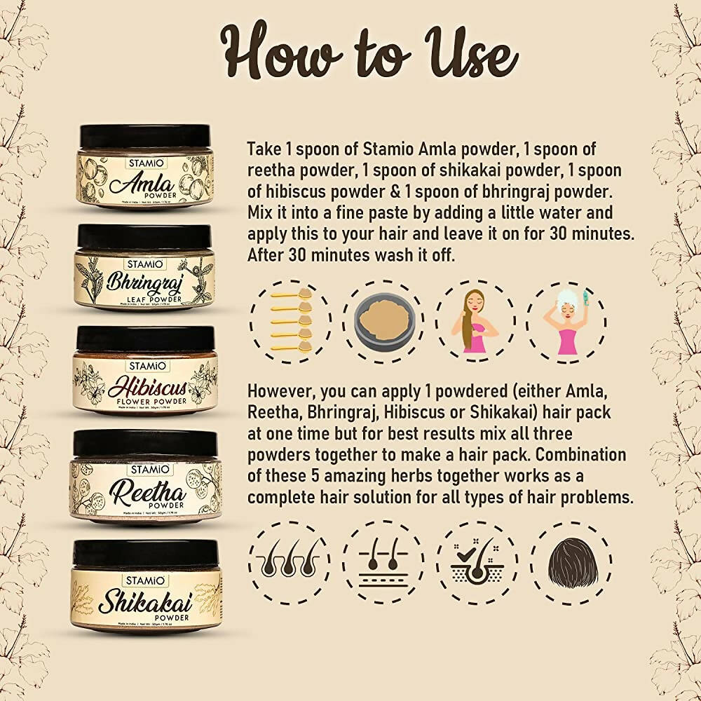 Stamio Pure Amla, Reetha, Shikakai, Bhringraj, Hibiscus Powders Combo For Hair Pack