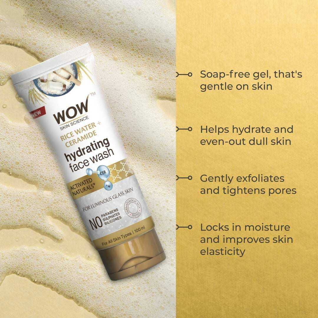WOW Skin Science Rice Water & Ceramide Hydrating Face Wash, Brightens Skin, Tightens Pores