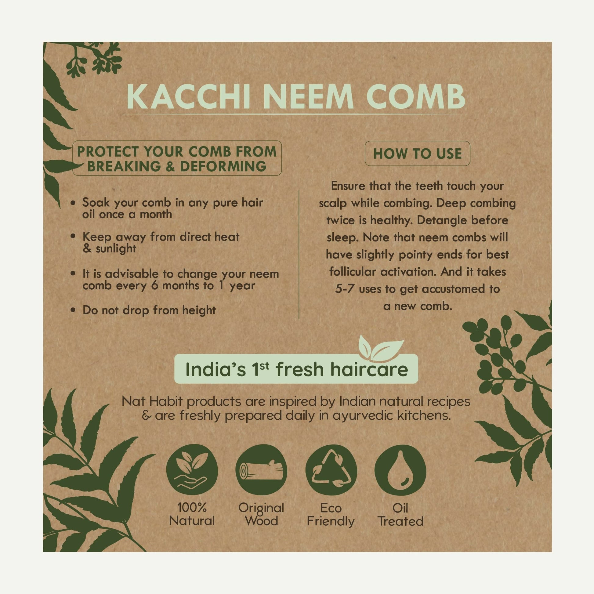 Nat Habit Kacchi Neem Wooden Comb - Soaked In 13 Herbs, Neem & Sesame Oil For Multi-Actions