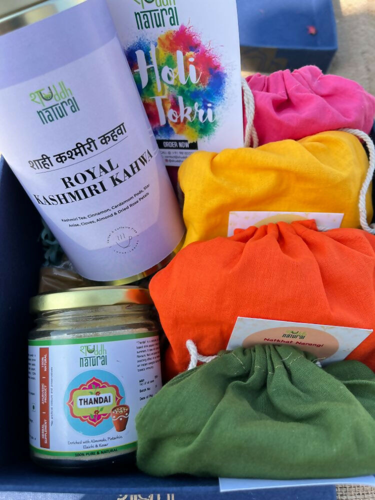 Shuddh Natural Ubtan Based Herbal Gulal, Ayurvedic Thandai Powder, Kashmiri Kahwa | Holi Gift Hamper