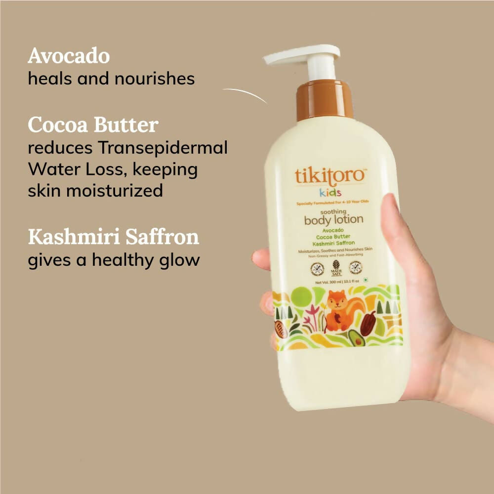 Tikitoro Kids Soothing Body Lotion 100% Vegan with Avocado, Cocoa Butter, Kashmiri Saffron Extract, Moisturizes, Soothes & Nourishes Skin