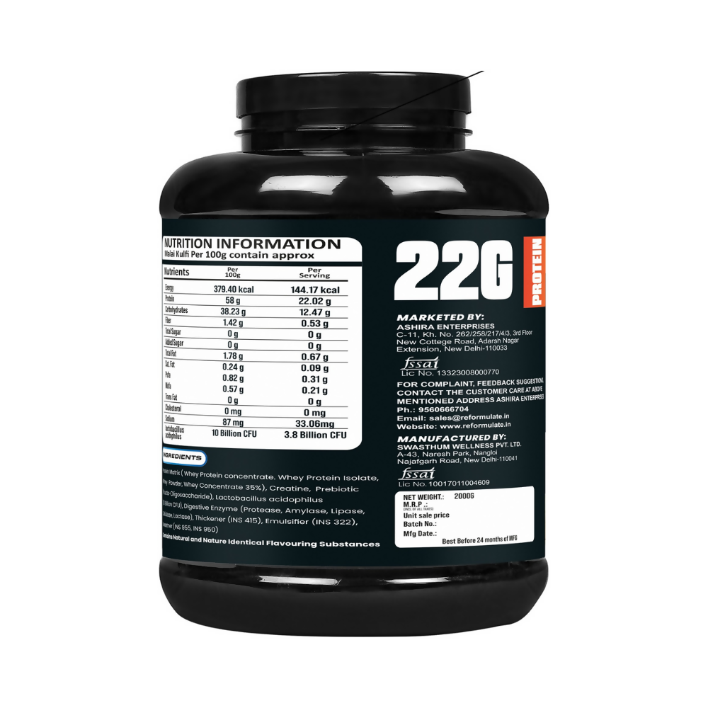 Reformulate Fusion Whey Protein With Pre & Pro Biotics I Muscle Growth I 58G Protein | 379 Kcal Energy - Malai Kulfi