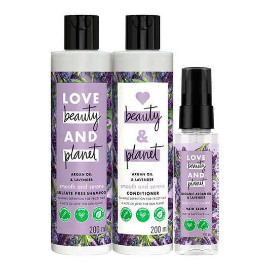 Love Beauty And Planet Argan Oil And Lavender Anti Frizz Shampoo Conditioner & Hair Serum Combo