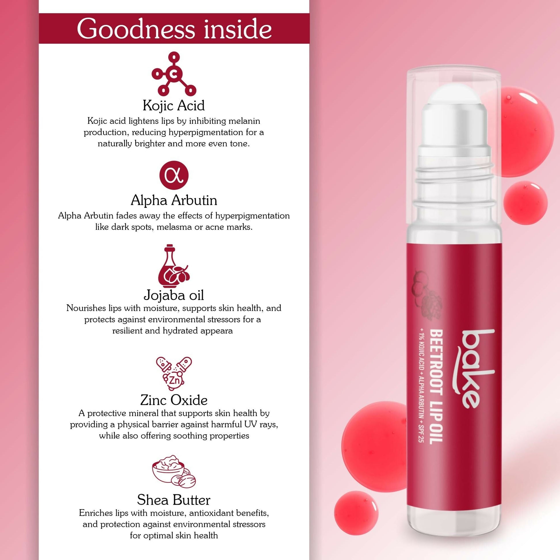 Bake 1% Kojic Acid Beetroot Tinted Lip Balm Oil for Dark & Pigmented Lips with SPF 25 & Alpha Arbutin