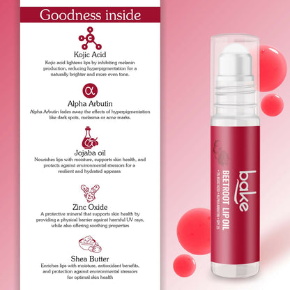 Bake 1% Kojic Acid Beetroot Tinted Lip Balm Oil for Dark & Pigmented Lips with SPF 25 & Alpha Arbutin