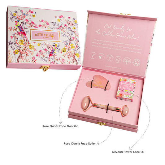 Buy Natural Vibes Glow Getter Gift Set with Rose Quartz Face Roller, Rose Quartz Gua Sha and Nirvana Flower Oil from DrMediCart, Ship from India to USA