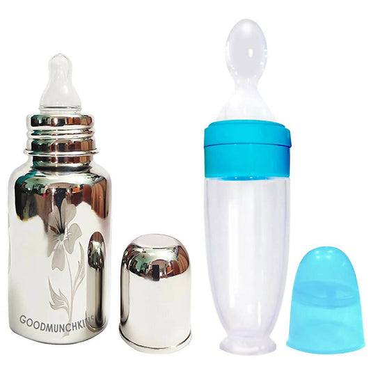 Buy Goodmunchkins Stainless Steel Feeding Bottle With Spoon Food Feeder for Baby Anti Colic Silicon Nipple Feeder 300 ml Combo Pack-Blue from DrMediCart, Ship from India to USA