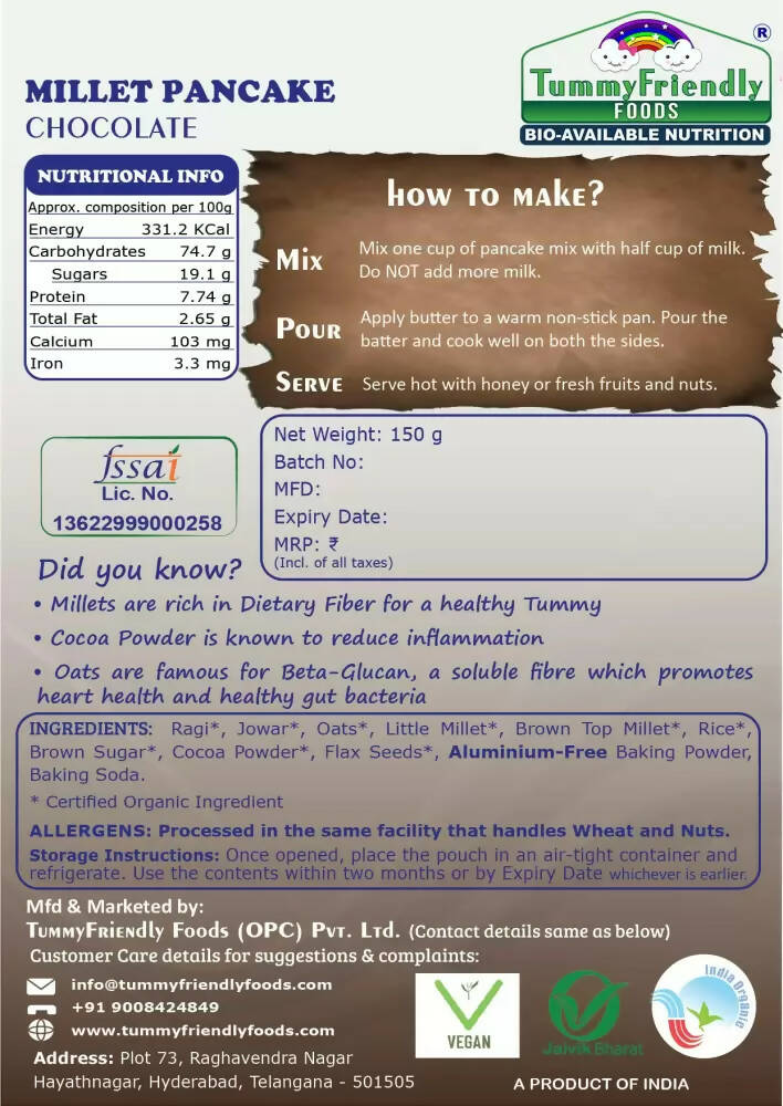 TummyFriendly Foods Aluminium-Free Millet Pancake Mix - Chocolate - Drmedicart