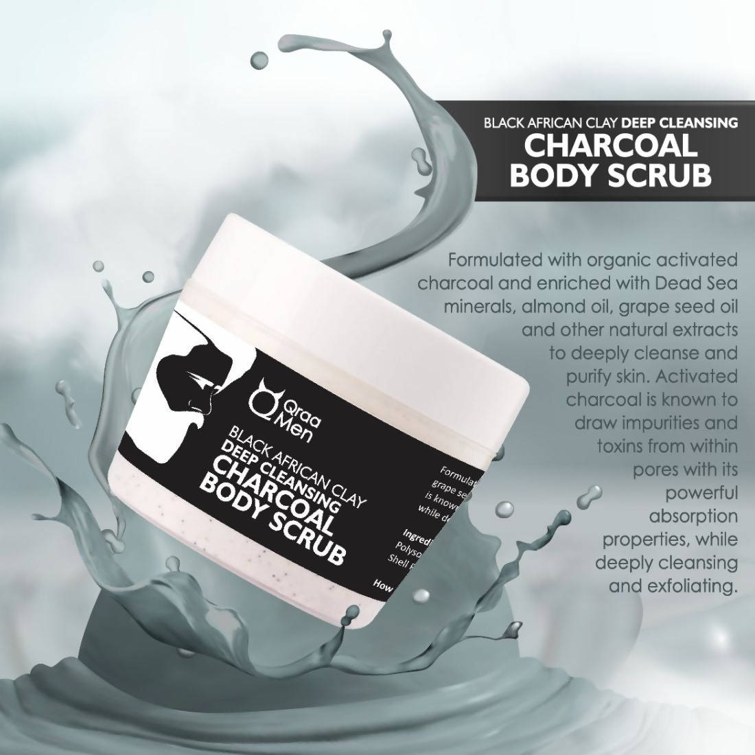Qraa Men Black African Clay Deep Cleansing Charcoal Body Scrub