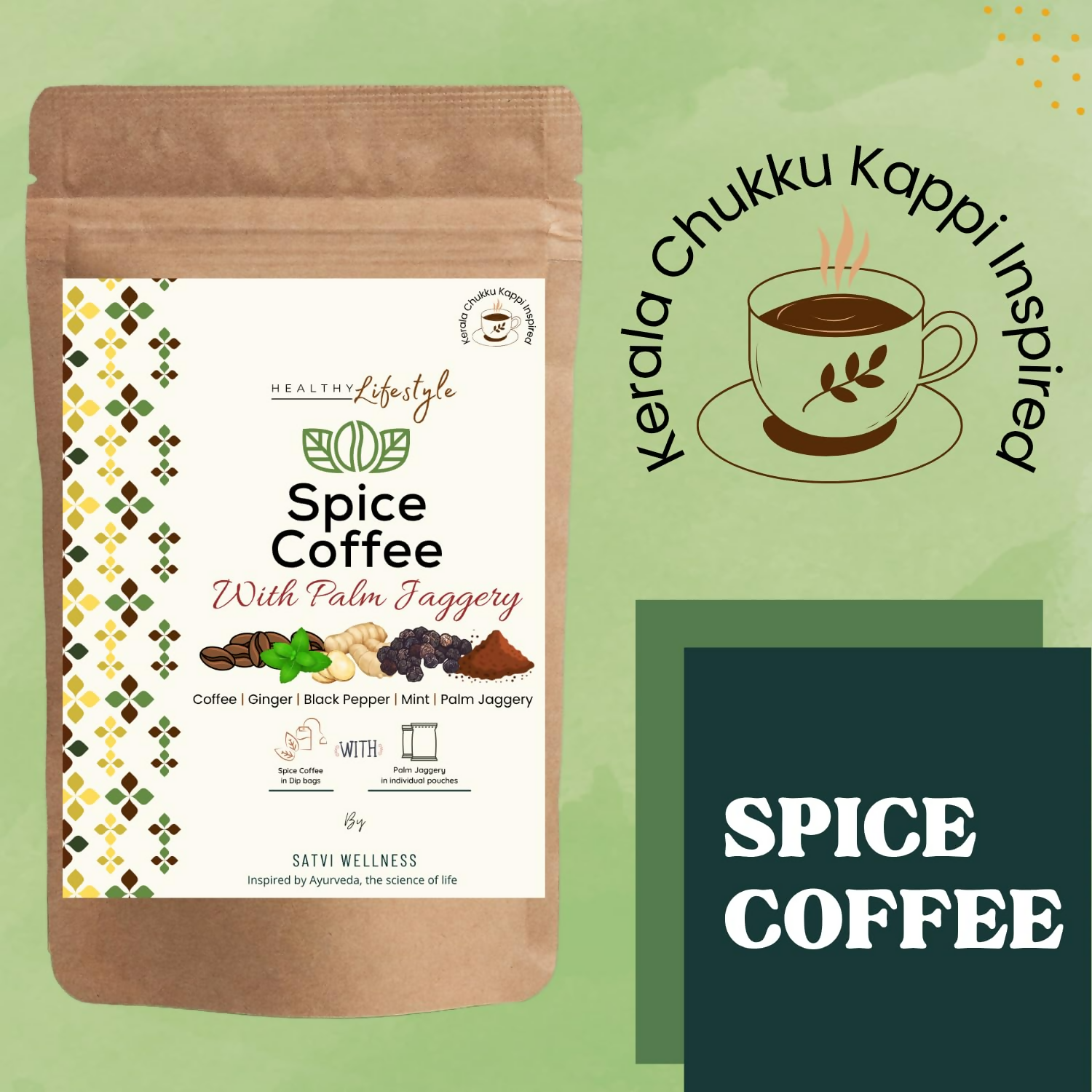 Satvi Wellness Chukkukappi With Mint And Palm Jaggery Blend Of Coffee powder With Ginger,Black Pepper & Mint In Biodegradable Tea Bags