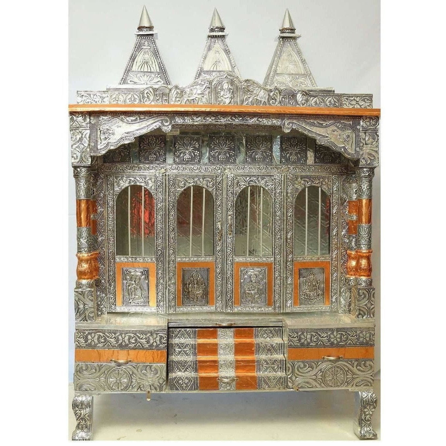 Buy Silver Coated 4 Door with 3 Monument Towers Silver Pooja Mandir / Silver Pooja Mandiram