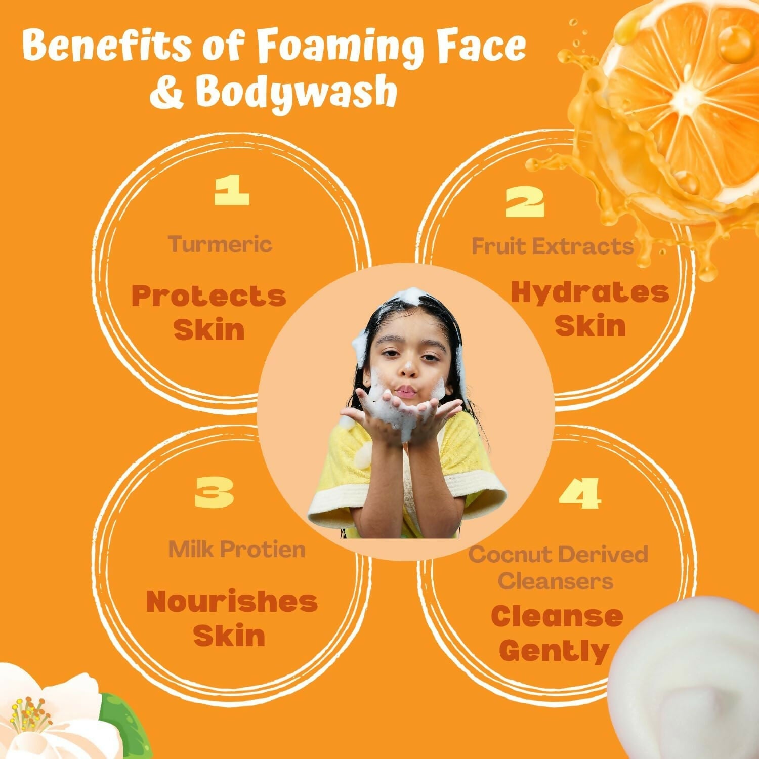 Puddles Organic Cub Riders Kids Foaming Face & Body Wash, Turmeric, Milk Protein, Orange Essential Oil