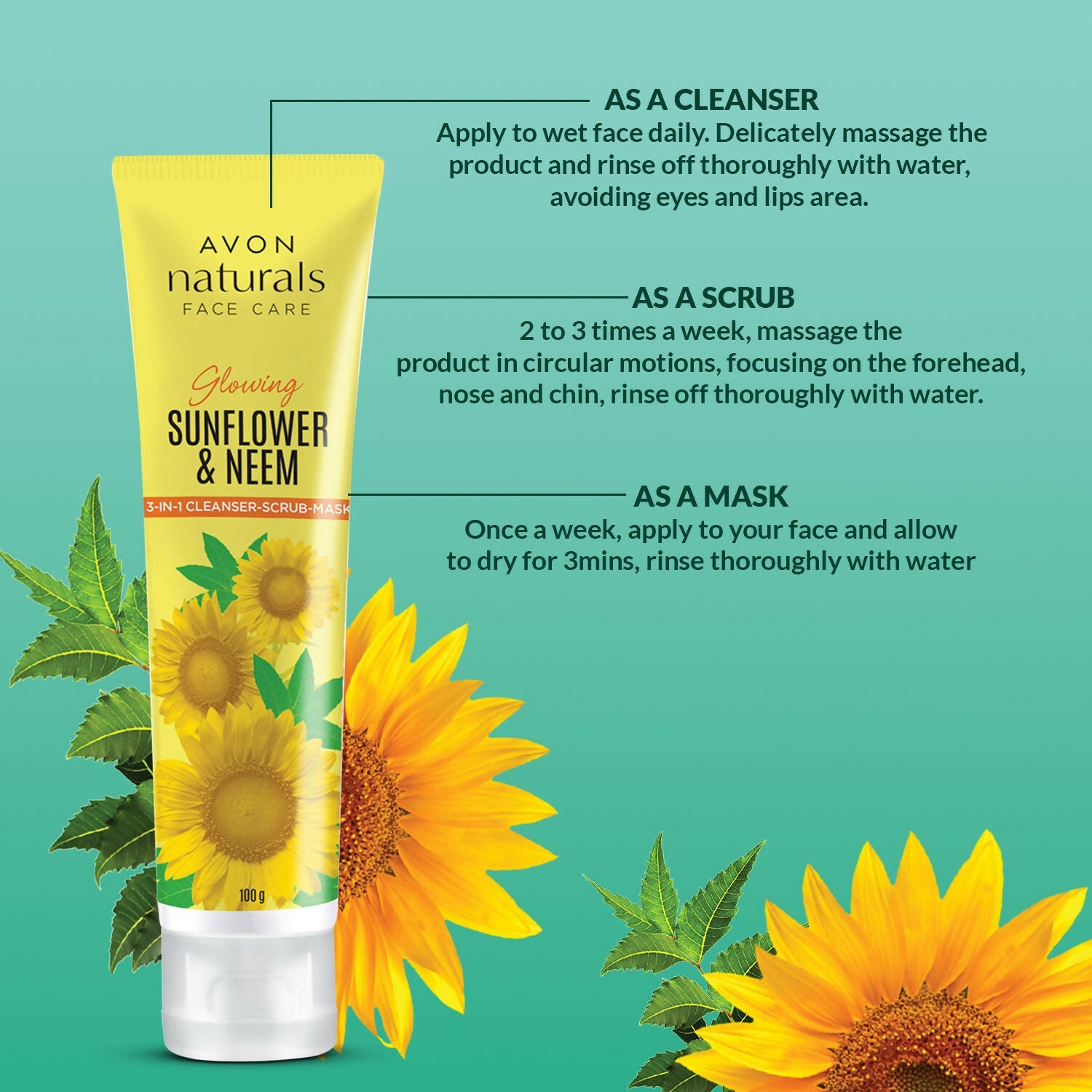 Avon Naturals Sunflower & Neem 3 In 1 Cleanser Scrub Mask