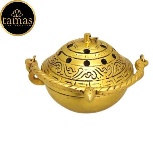 Tamas Brass Small Dhoop Burner with Handle and Lid (Golden)