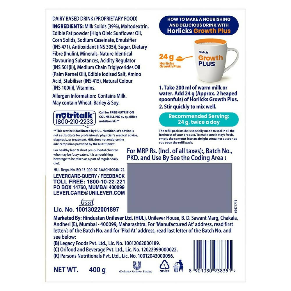 Horlicks Growth Plus Health & Nutrition Drink for Kids Faster Growth with Protein