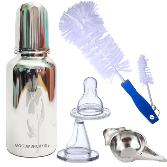 Buy Goodmunchkins Stainless Steel Feeding Bottle with Bottle Cleaning Brush/Chakku/Anti Colic Silicone Nipple Combo-(220ml,Blue) from DrMediCart, Ship from India to USA