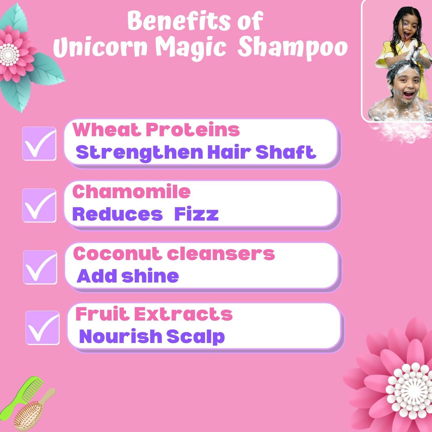 Puddles Organic Playful Shampoo For Kids -Unicorn Magic - Age 2-12 Yrs, Tear-Free, Ph Balanced, Sulfate-Paraben Free