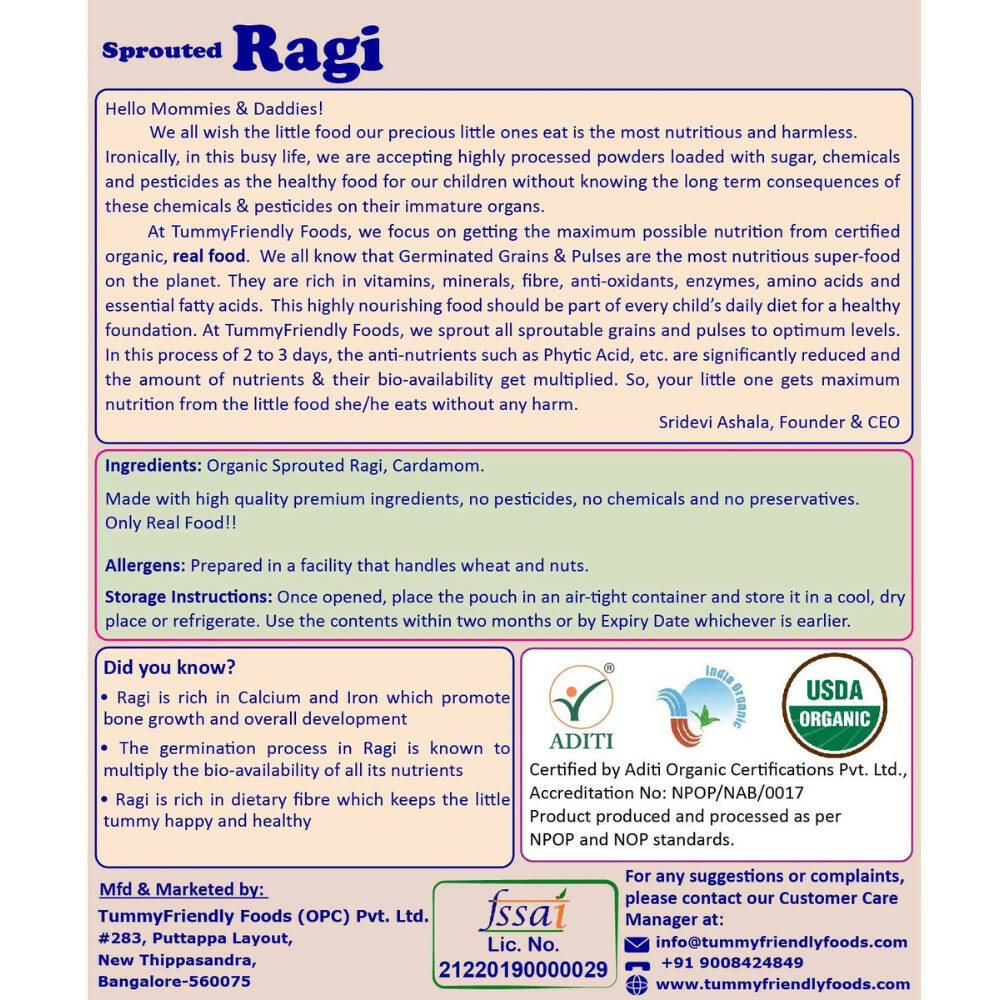 TummyFriendly Foods Certified Organic Sprouted Ragi Porridge Mix - Drmedicart