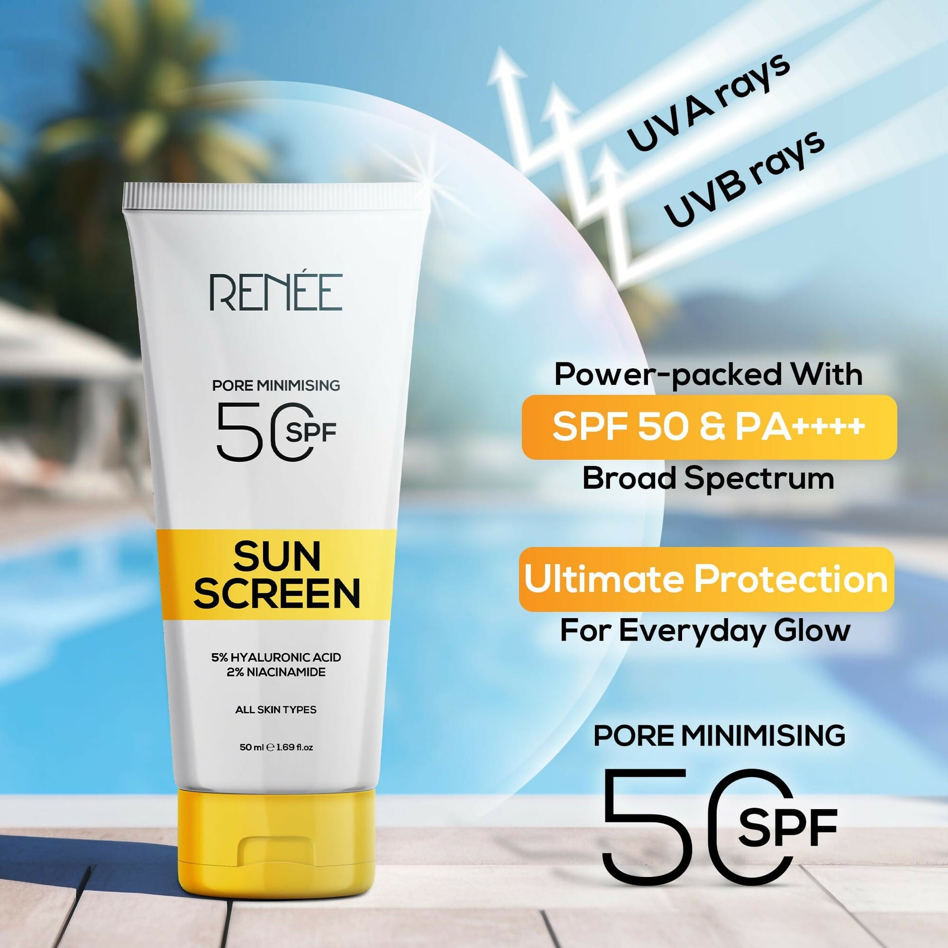 Renee Pore Minimizing Sunscreen Spf 50 With 5% Hyaluronic Acid & 2% Niacinamide For All Skins