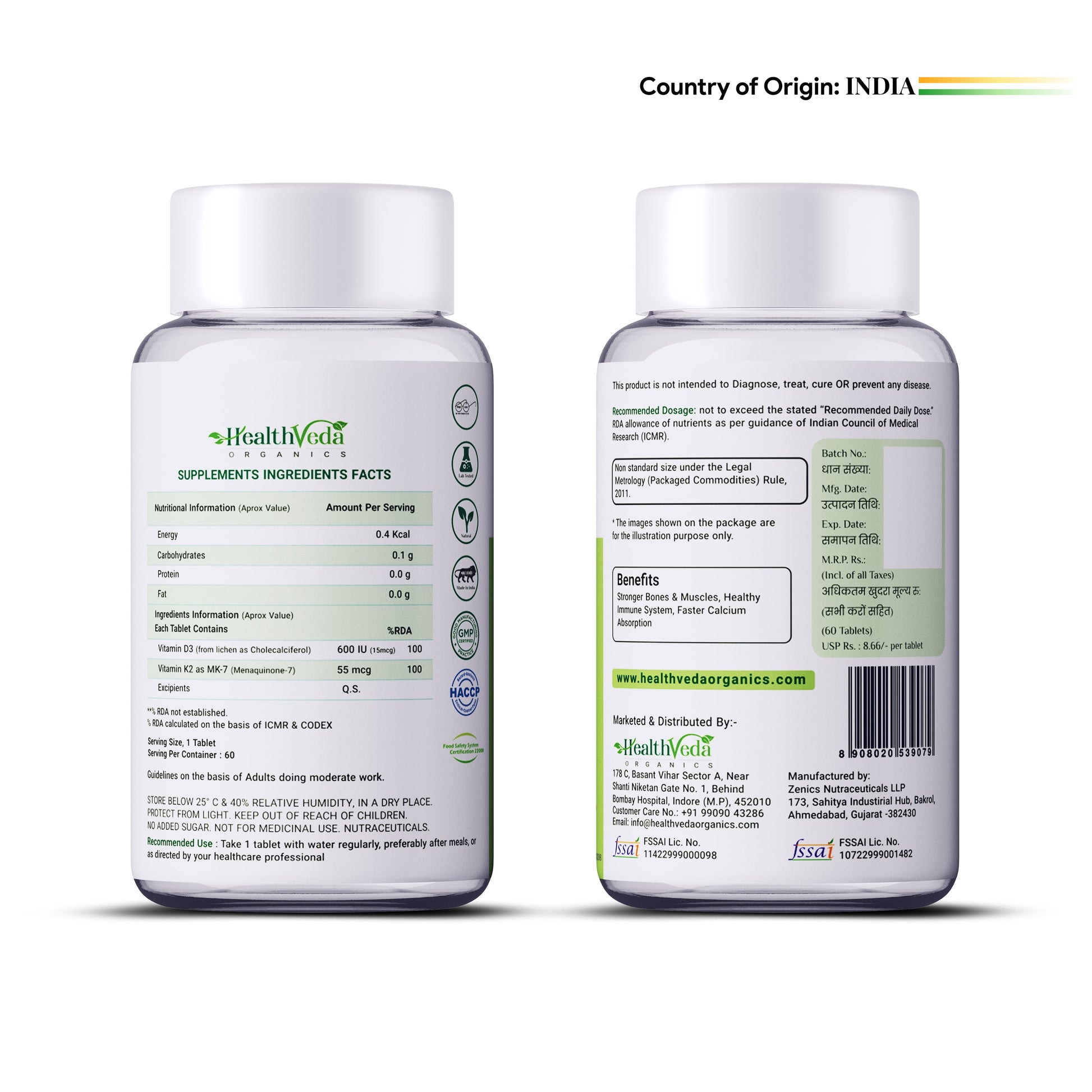 Health Veda Organics Vitamin D3 + K2 Healthy Bones Tablets