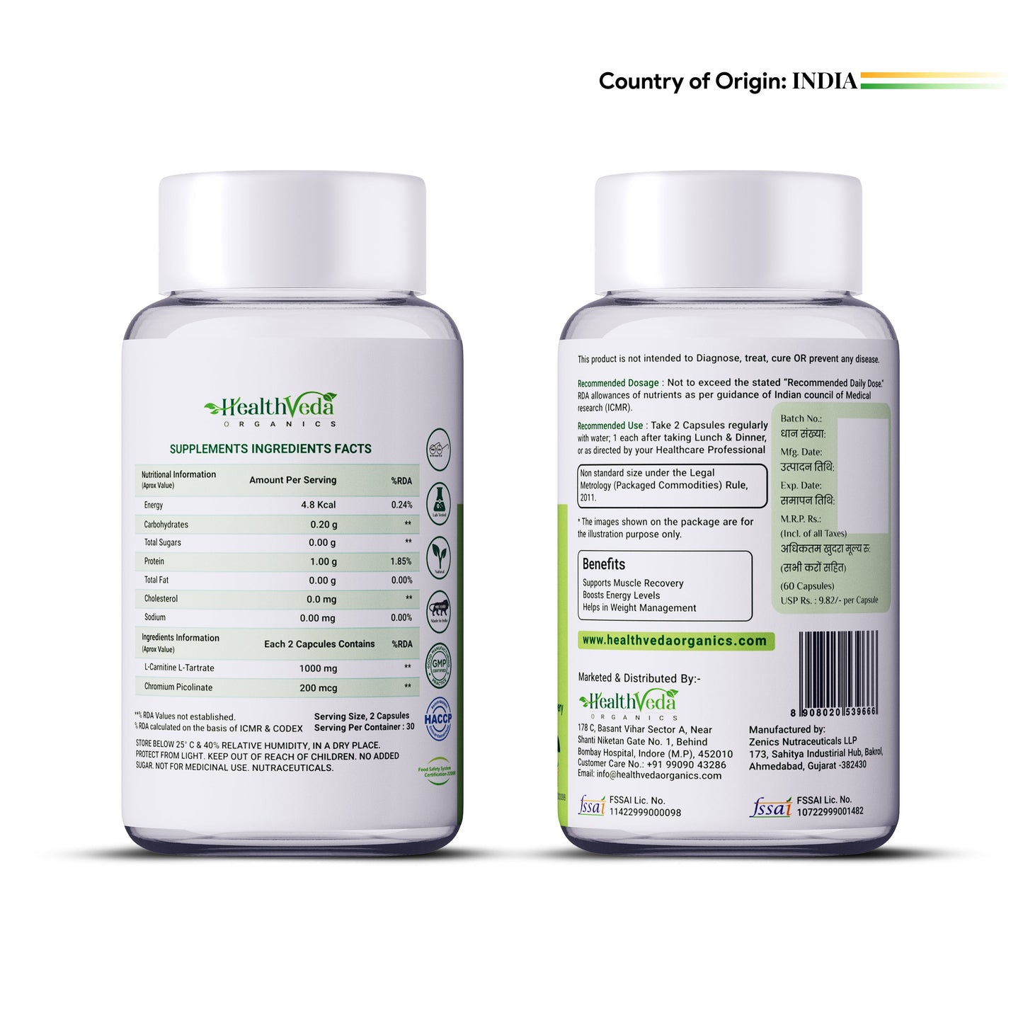 Health Veda Organics L Carnitine L-Tartrate Veg Capsules