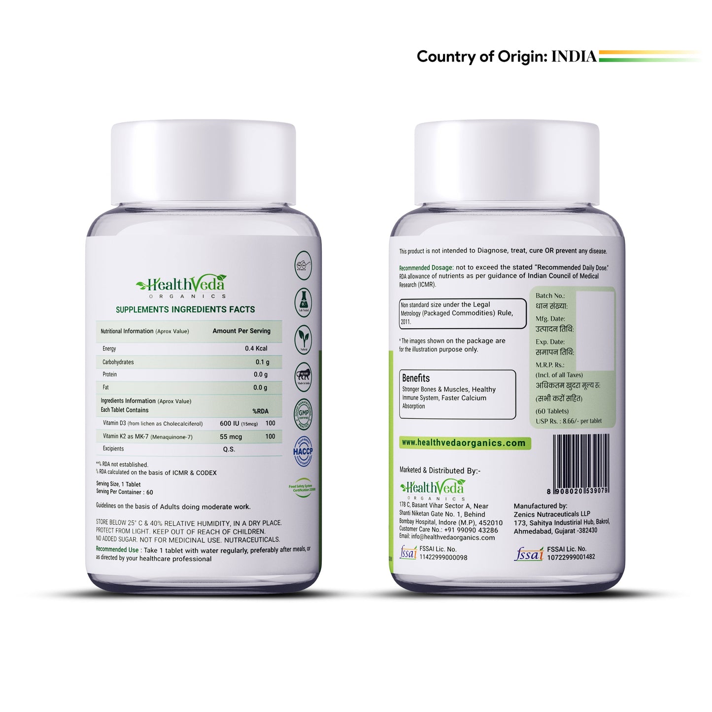 Health Veda Organics Vitamin D3 + K2 Healthy Bones Tablets