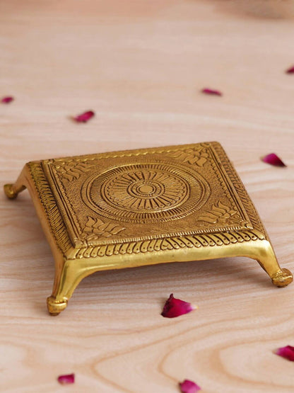 eCraftIndia Beige Lotus Flowers Engraved Pooja Chowki