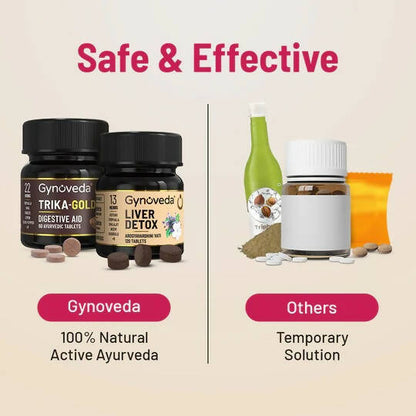 Gynoveda Gut Health Liver Detox + Trika-Gold Ayurvedic Tablets Combo