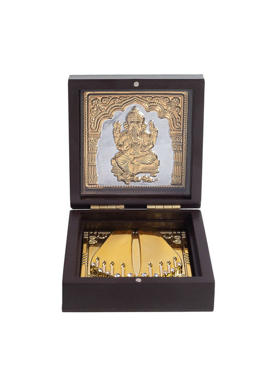 Golden Peacock Brown Wooden Ganesha Prayer Box
