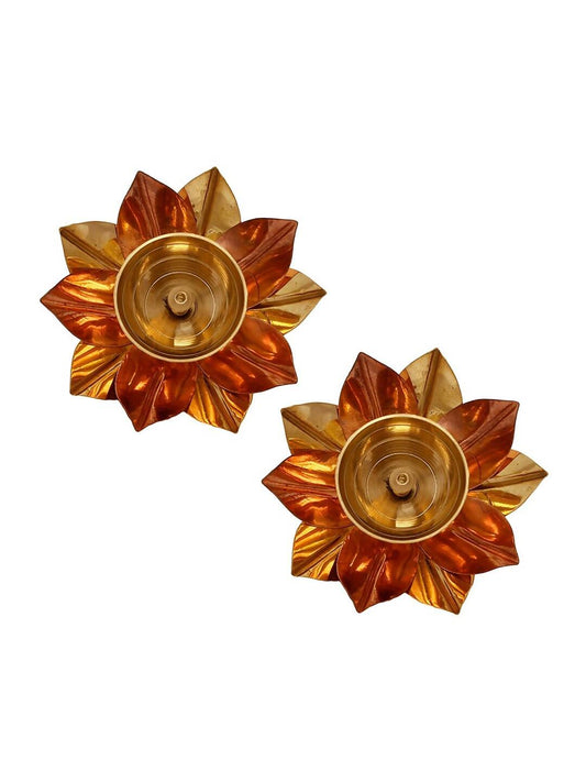 eCraftIndia Brown & Gold -Toned 2 Pcs Floral Shape Metal Diyas
