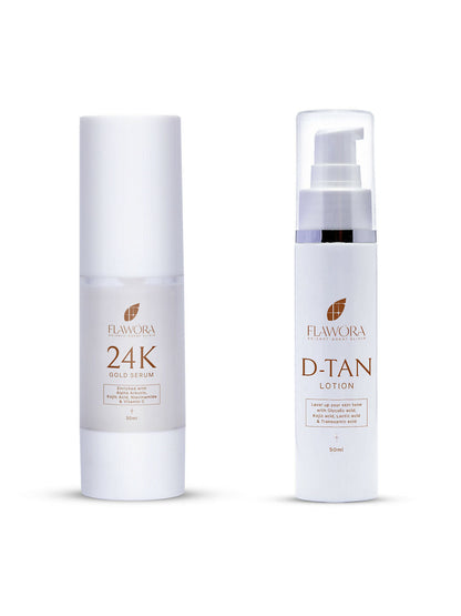 Flawora 24k Gold Face Serum For Brightening & Anti-Aging Skin & D-Tan Lotion For Pigmentation Tan Removal 