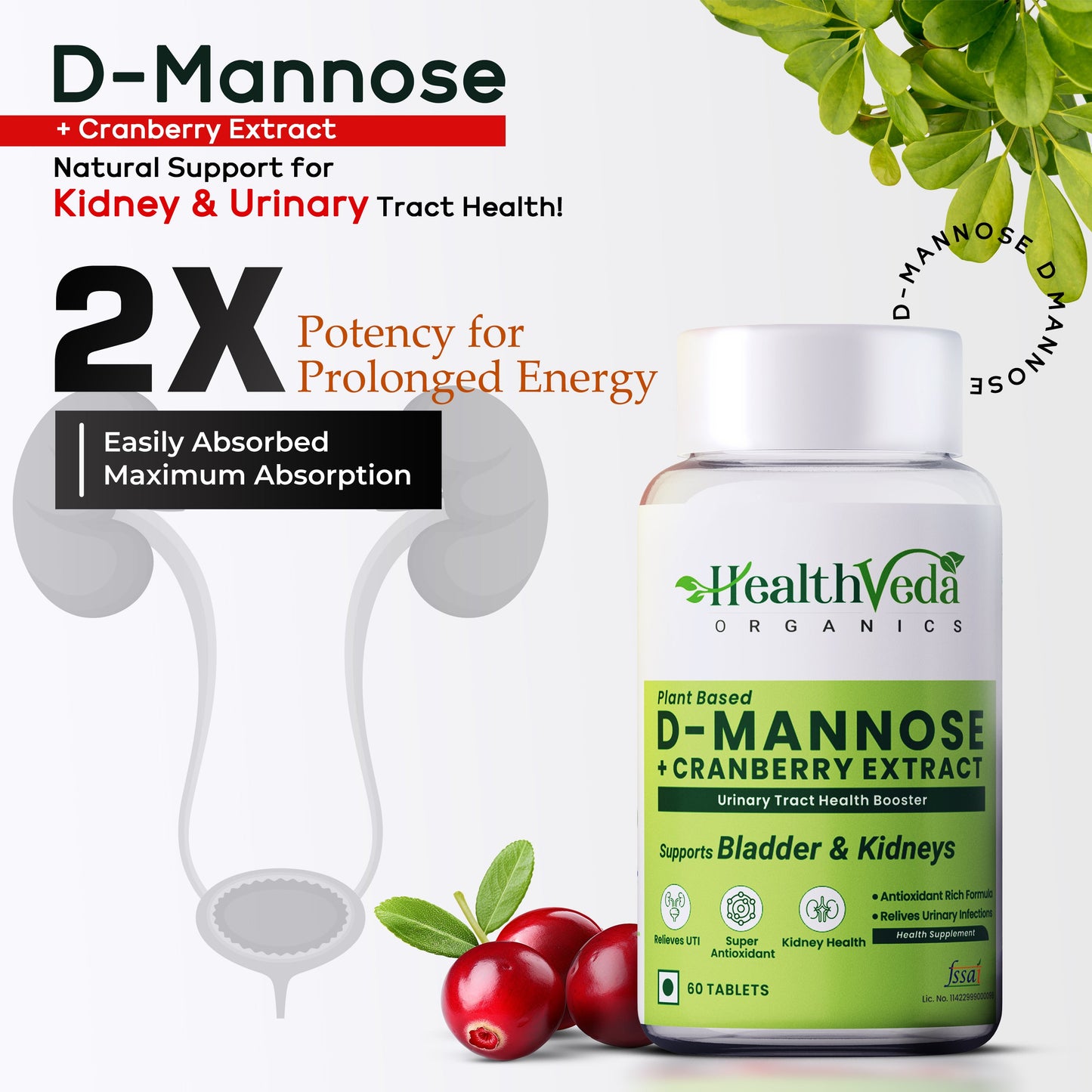 Health Veda Organics D-Mannose + Cranberry Extract Tablets