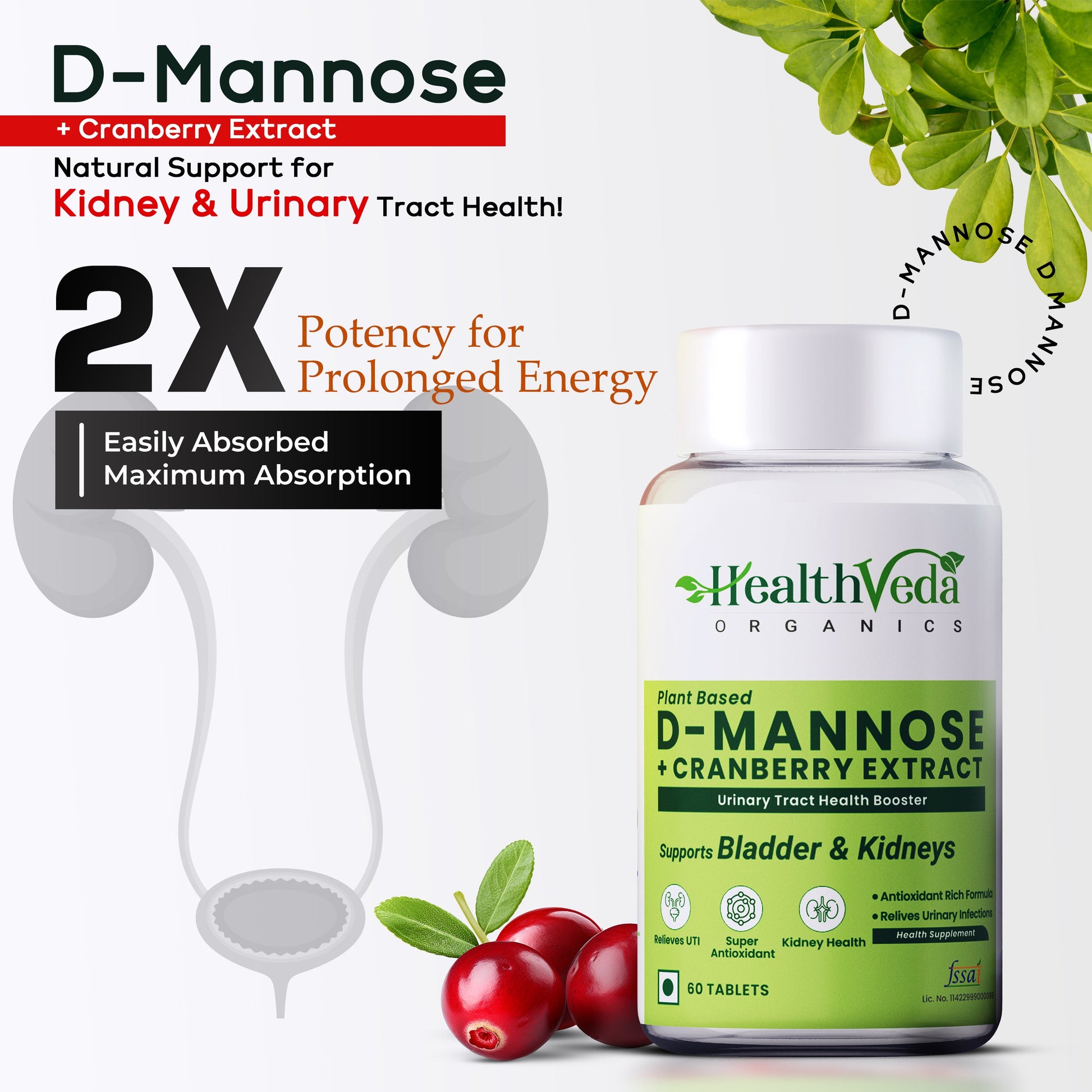 Health Veda Organics D-Mannose + Cranberry Extract Tablets