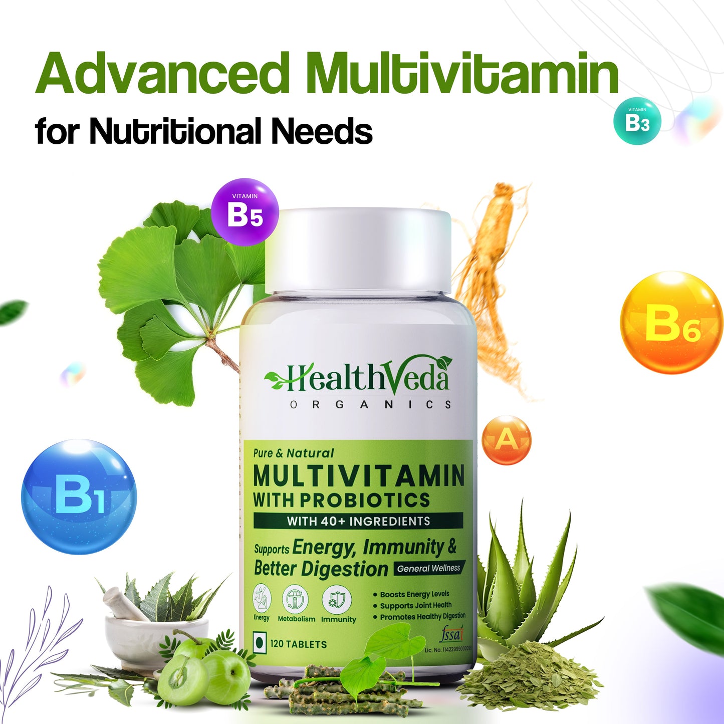Health Veda Organics Multivitamin Tablets with Probiotics for both Men & Women