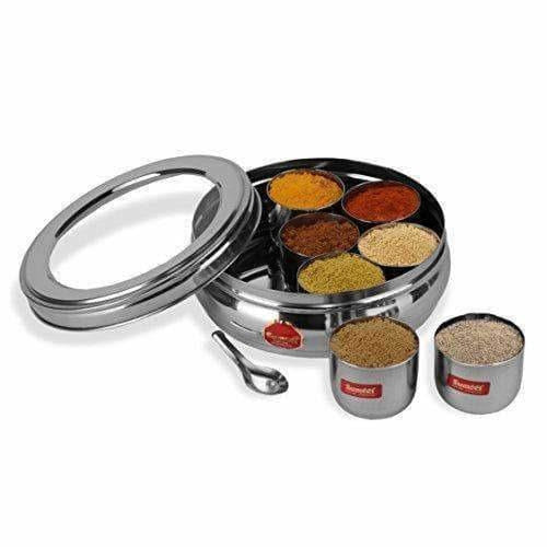 Stainless Steel Belly Shape Spice Box with See Through Lid with 7 Containers and Small Spoon