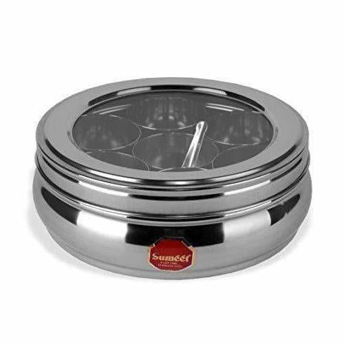 Buy Stainless Steel Belly Shape Spice Box with See Through Lid with 7 Containers and Small Spoon