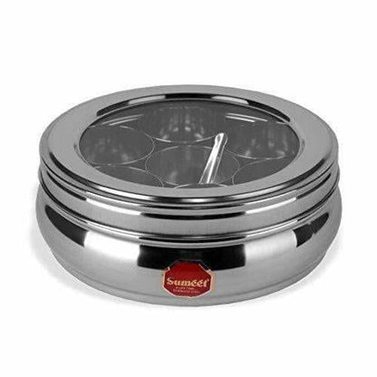 Buy Stainless Steel Belly Shape Spice Box with See Through Lid with 7 Containers and Small Spoon