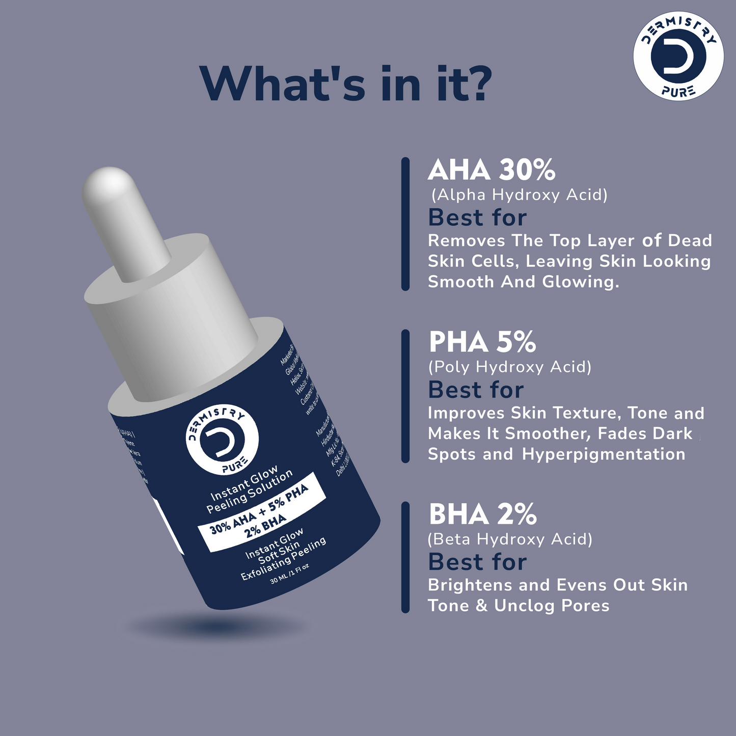 Dermistry 30% AHA 5% PHA 2% BHA Peeling Exfoliating Solution Instant Bright Glow Fairness Face Serum