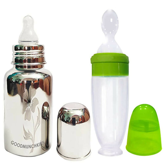 Buy Goodmunchkins Stainless Steel Feeding Bottle With Spoon Food Feeder for Baby Anti Colic Silicon Nipple Feeder 300 ml Combo Pack-Green from DrMediCart, Ship from India to USA