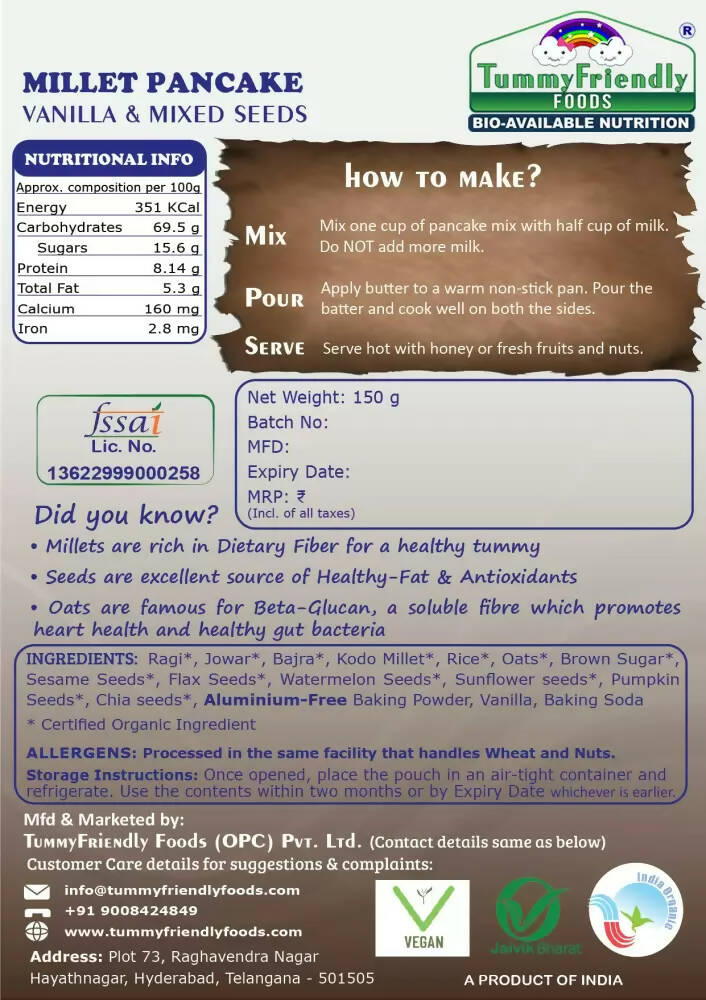 TummyFriendly Foods Aluminium-Free Millet Pancake Mix - Vanilla Mixed Seeds - Drmedicart