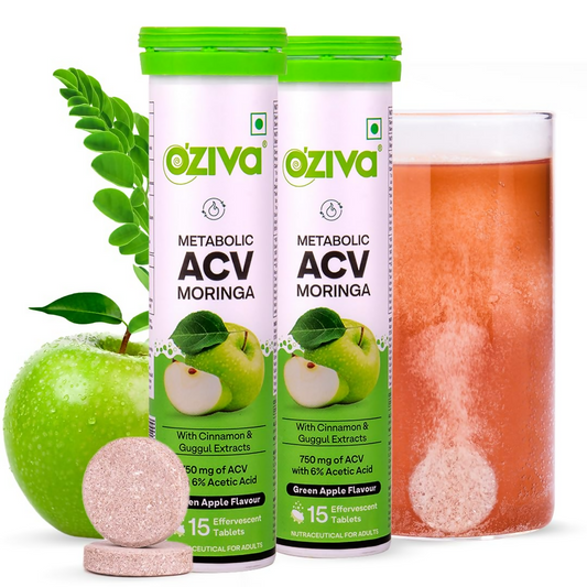 OZiva ACV Moringa For Weight Loss 3-in-1 Fat Oxidation Formula Tablets - Green Apple Flavor