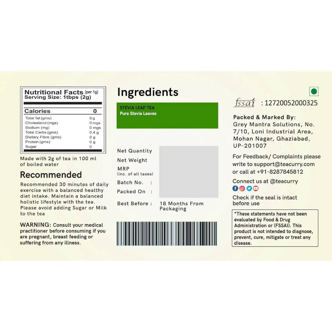 Teacurry Stevia Tea Bags - Drmedicart