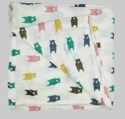Kindermum Organic Cotton Muslin Swaddle Blanket 110 Cm X 110 Cm - Set Of 2 - Colorful Polka And Bear