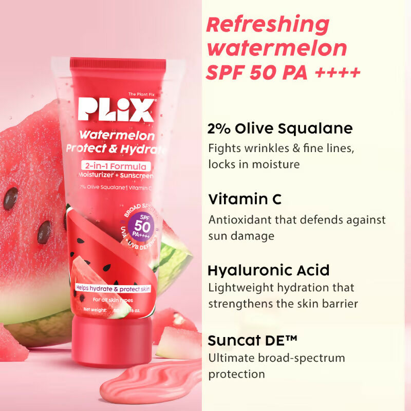 Plix Watermelon SPF PA++++ 50 Protect & Hydrate 2 In 1 Moisturizer + Sunscreen