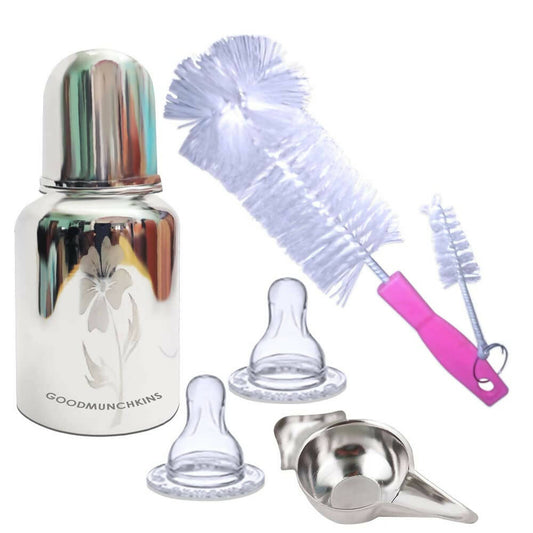 Buy Goodmunchkins Stainless Steel Feeding Bottle with Bottle Cleaning Brush/Chakku/Anti Colic Silicone Nipple Combo-(220ml,Pink) from DrMediCart, Ship from India to USA