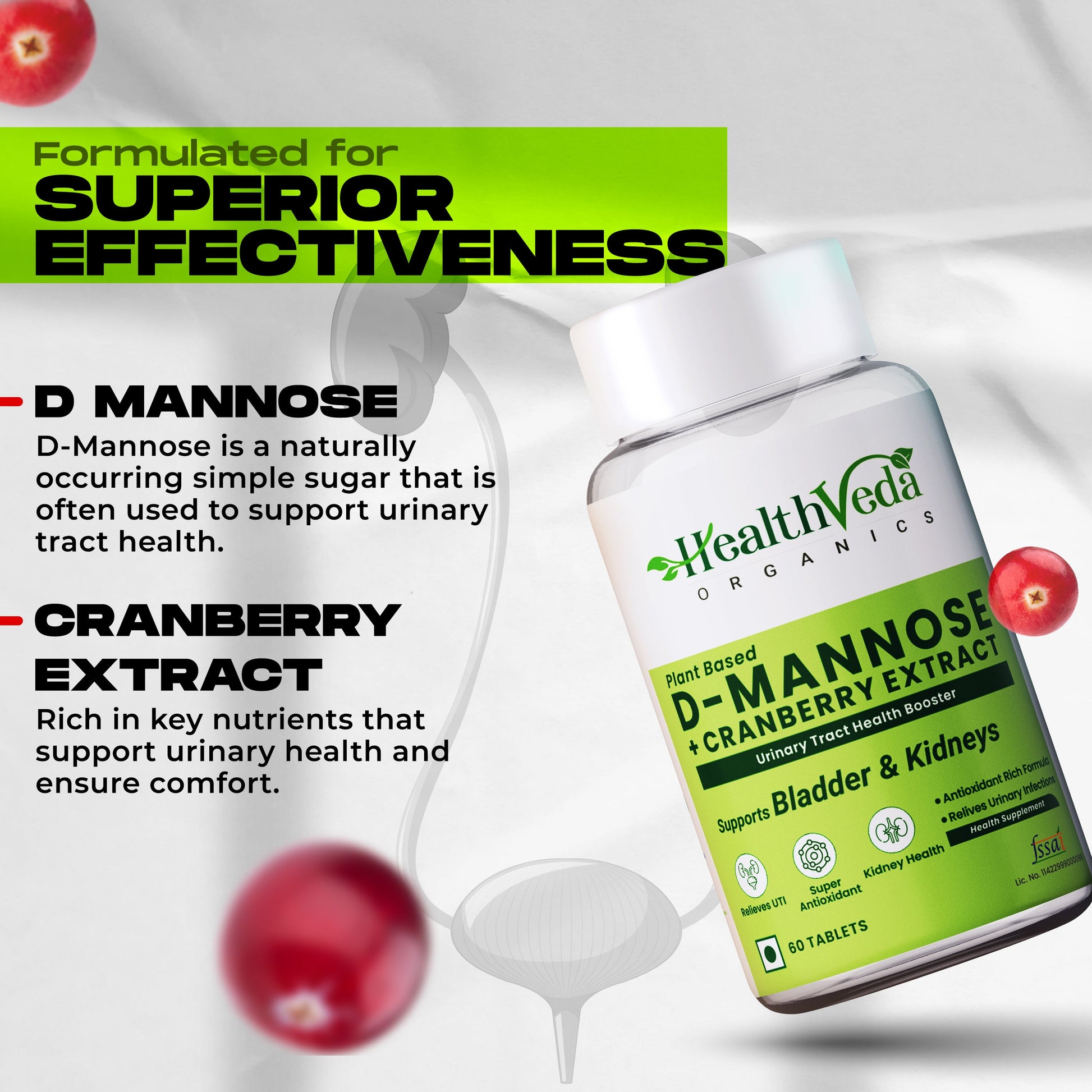 Health Veda Organics D-Mannose + Cranberry Extract Tablets